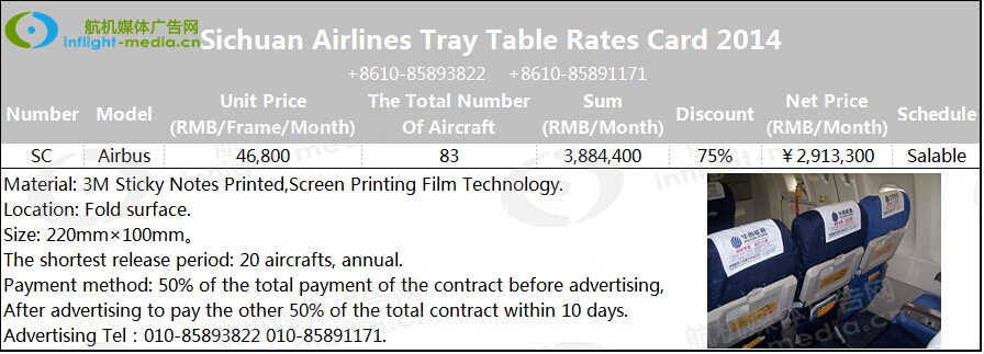 Sichuan Airlines Tray Table Advertisement Rates Card 2014